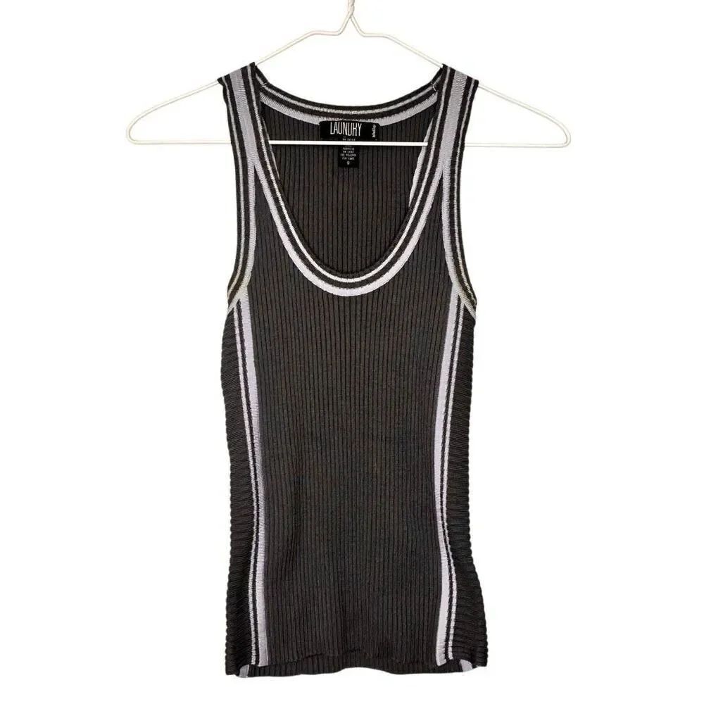 Laundry By Shelli Segal Ribbed Textured Scoop Neck Tank Top Gray White Sz Small